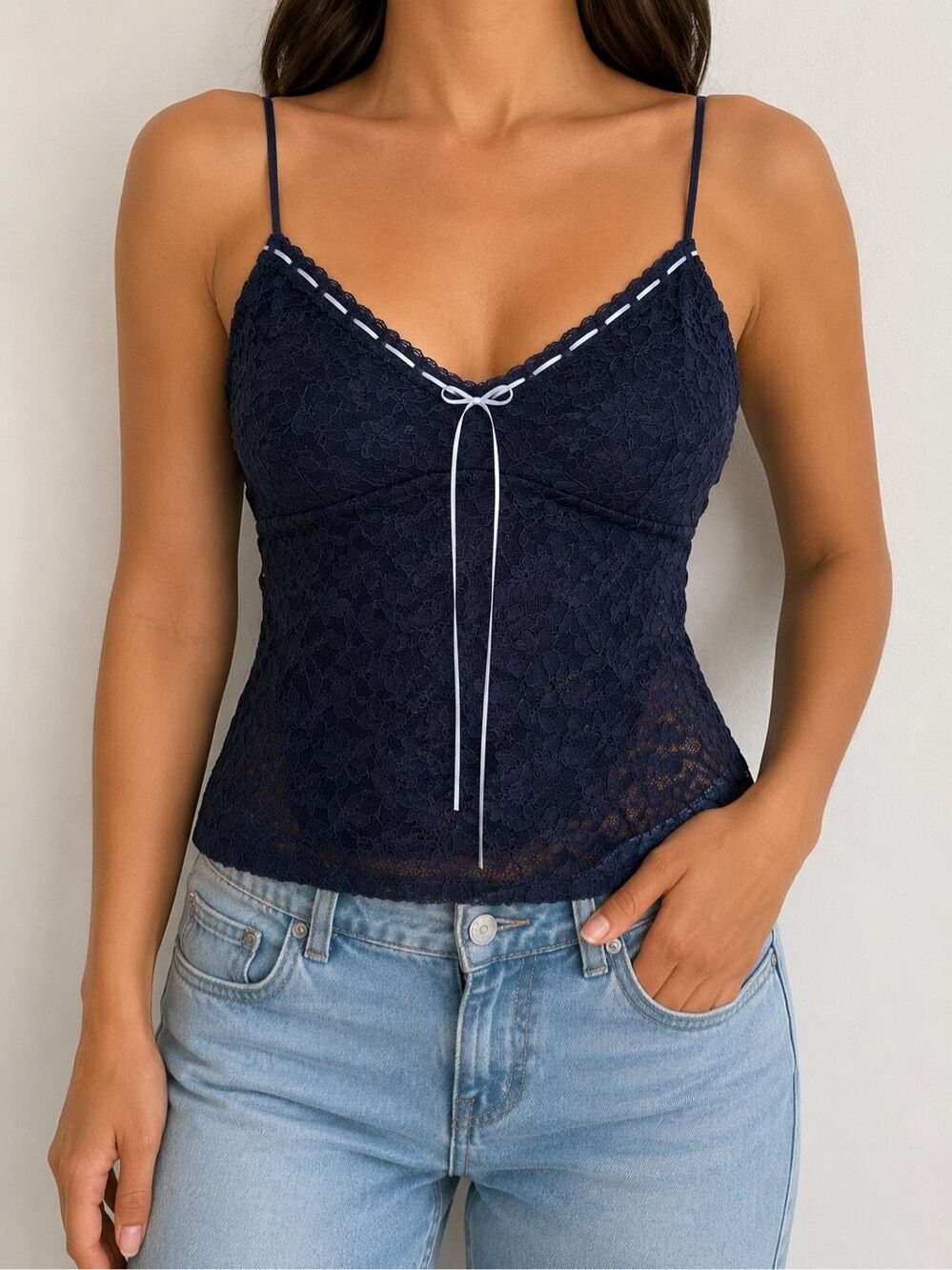 NWT Hollister Navy Floral Lace Cami Top Size L Coquette Y2K Babydoll